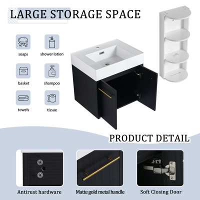 Meuble-lavabo mural 30 po avec lavabo et support de rangement, lavabo en résine à rebords épais, ensemble KD