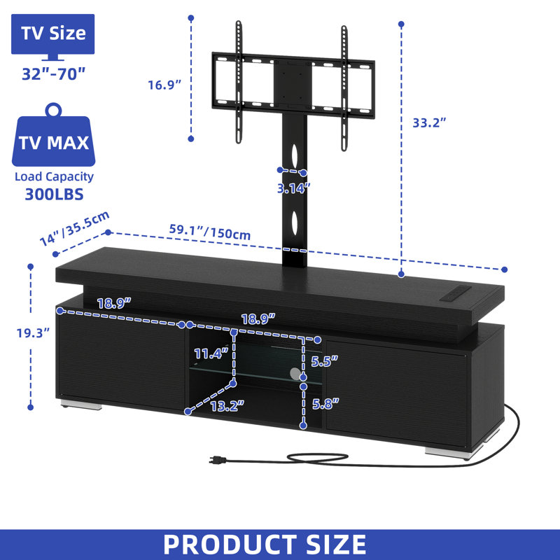  Modern TV Cabinet, Media Center, TV Stand Complete with Adjustable TV Mount, TV Bracket and LED Strip, Black