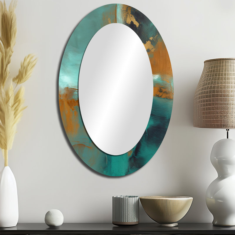 Teal Balance I - Abstract Oval Decorative Mirror On Metal, 36" x 24"