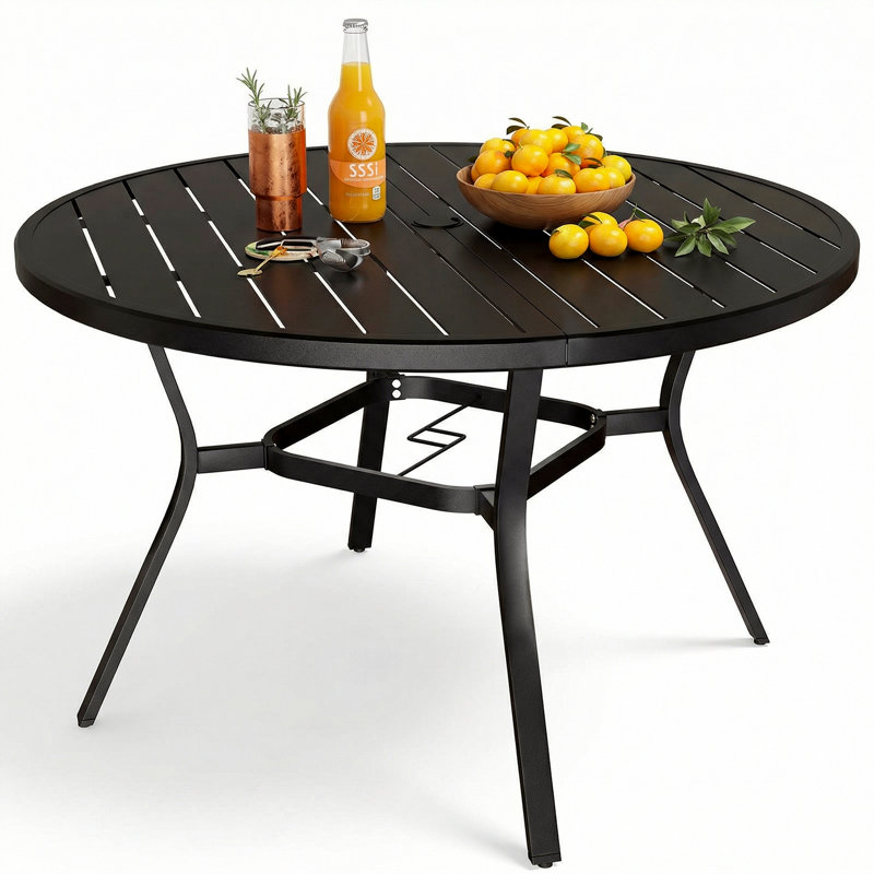 47.2" Outdoor Patio Round Dining Table For 2, Patio Table With Adjustable Umbrella Hole & Foot Pads, Metal Steel Frame & Non-rust E-coating, All Weather For Backyard Lawn Deck Poolside