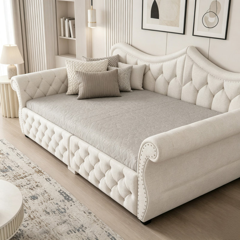 Grand lit de jour rembourré avec éclairage DEL, Beige