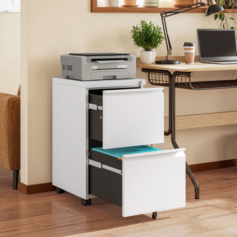 Markiese 2 Drawer Metal File Cabinet with Lock, Mobile Under Desk Filing Cabinet for Home Office, Letter Size, White File Cabinet