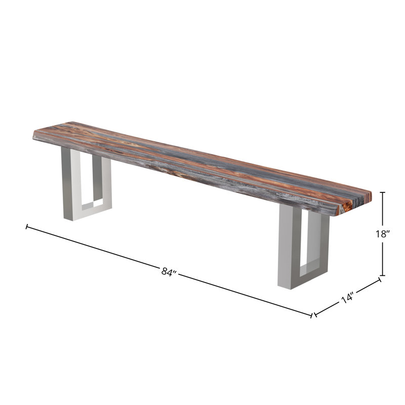 Banc en bois massif Bax, H 18 po x l 84 po x P 5 po, Brun / acier inoxydable