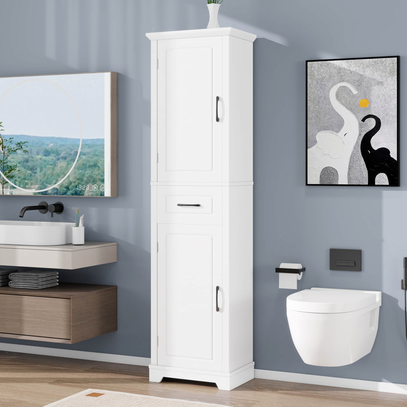 Grande armoire de rangement blanche étroite pour salle de bain, armoire de rangement autoportante avec deux portes et tablettes réglables