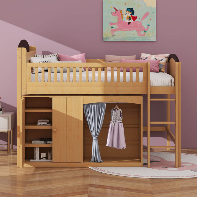 Lit mezzanine double avec armoire de rangement, garde-robe et DEL, Bois / Espresso