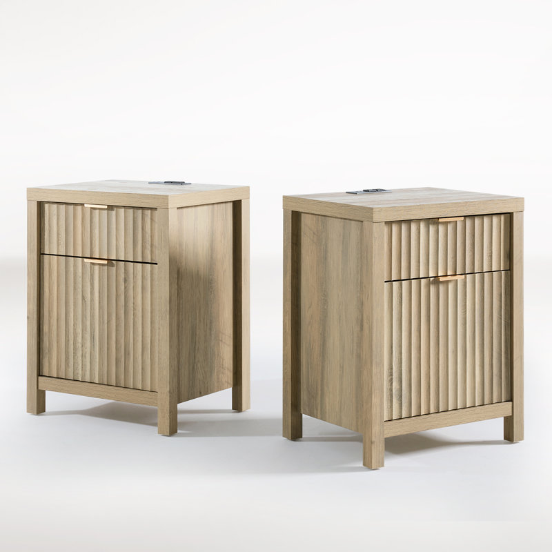 Arrilla 25'' 2 - Drawer Nightstand with Built-In Outlets, Sand Oak
