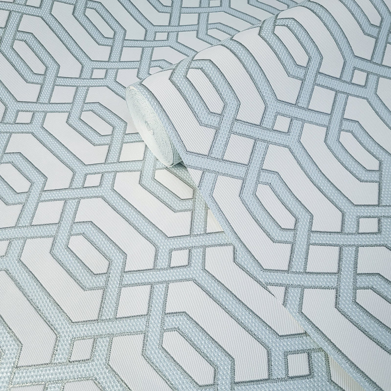 Papier peint texturé à motif de treillis géométrique beige et bleu doré