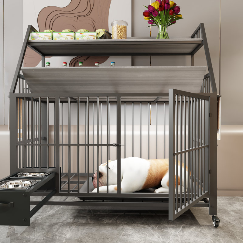 Grande cage de cage pour animaux avec support de rangement, tiroirs, bols en acier inoxydable pour nourriture / eau, structure en fer à double couche et matériau en bois aggloméré (noir / gris fumée)