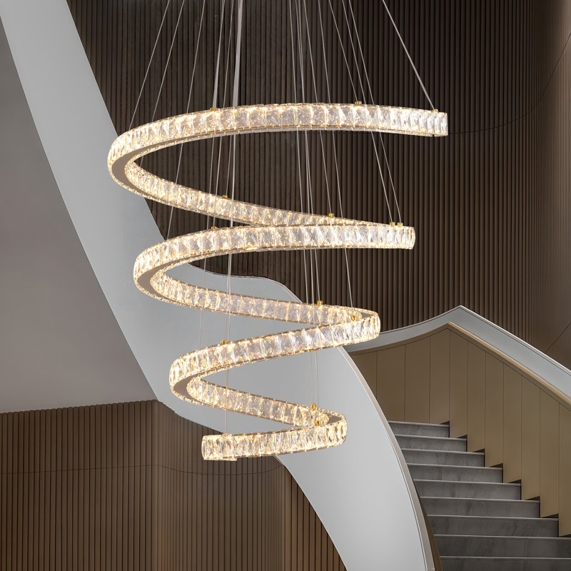 Modern Ring Crystal Chandelier Dimming Spiral Crystal LED Chandelier, Modern 4-Tier Ring Pendant Light for High Ceiling Staircases