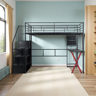 Full Size Metal Loft Bed With Built-In Work Station, Wardrobe, Storage Staircase And LED