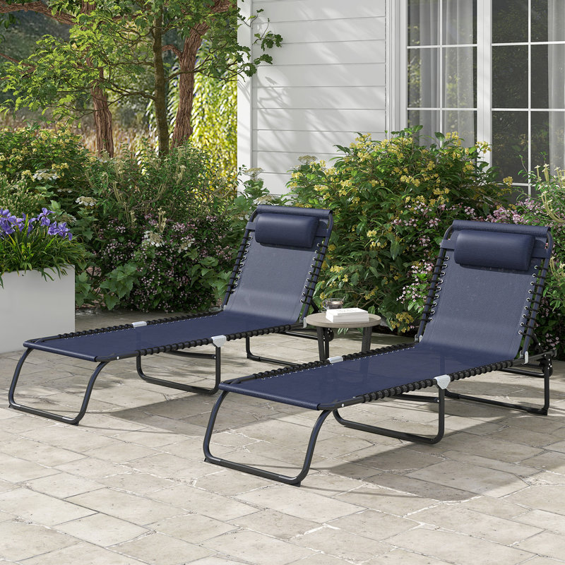 Folding Chaise Lounge Pool Chair Set Of 2, Patio Sun Tanning Chair, Outdoor Lounge Chair W/ Reclining Back, Pillow, Breathable Mesh & Bungee Seat