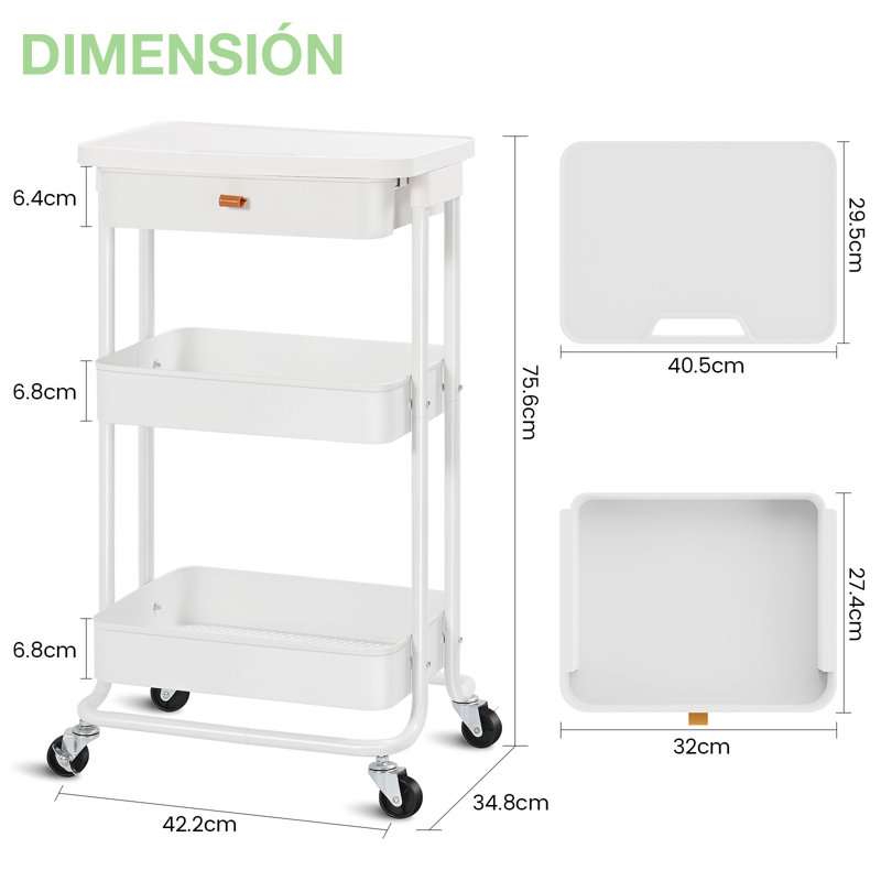 Utility Cart with Wheels,Metal Cart,3 Tier Rolling Cart With Drawer & Table Top,Bathroom Cart,Salon Trolley Cart,Kitchen Storage Cart