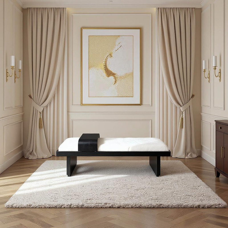 Banc rembourré Bryaunna, Tissu chenille crème / finition noire