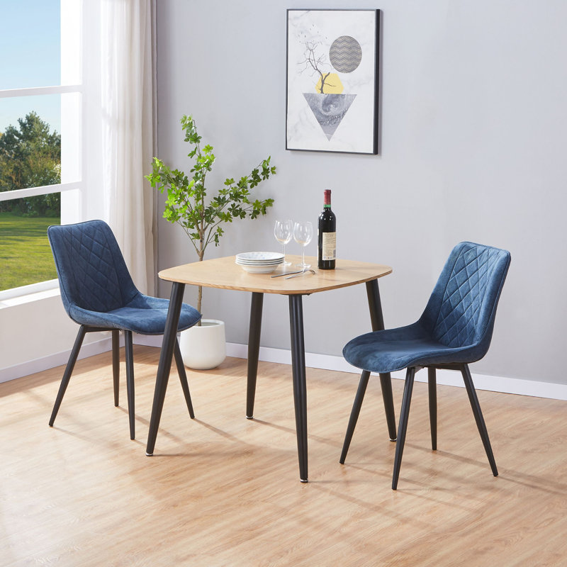 Aspen 3-Piece Casual Dining Set - Square Dining Table & Two Upholstered Diamond Fabric Chairs, Light Oak, Blue