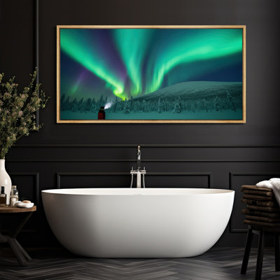 Aurora Borealis Over Snowy Landscape Framed Canvas Wall Art - Vibrant Northern Lights Photography for Modern Nature-Inspired Spaces