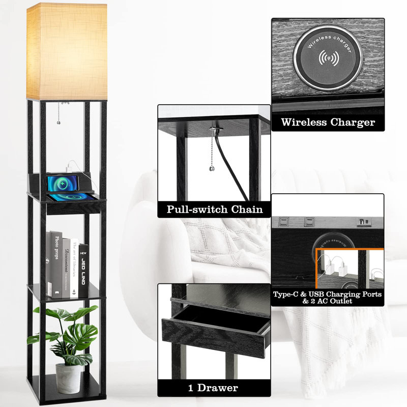 Floor Lamp With Shelves, Shelf Floor Lamp With Wireless Charger & 2 Charging Usb Ports & Drawer, Black