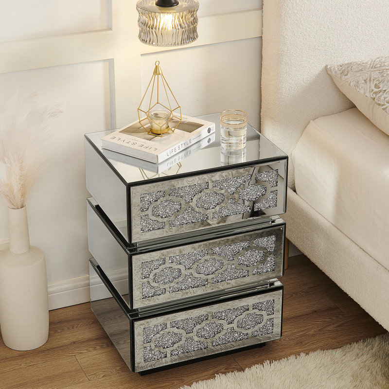 Table de chevet avec miroir, table d'appoint moderne à 3 tiroirs, table de bout décorative argentée avec diamants broyés pour la chambre à coucher, le dortoir et le salon, l 17,7 po x P 13,8 po x H 23,6 po