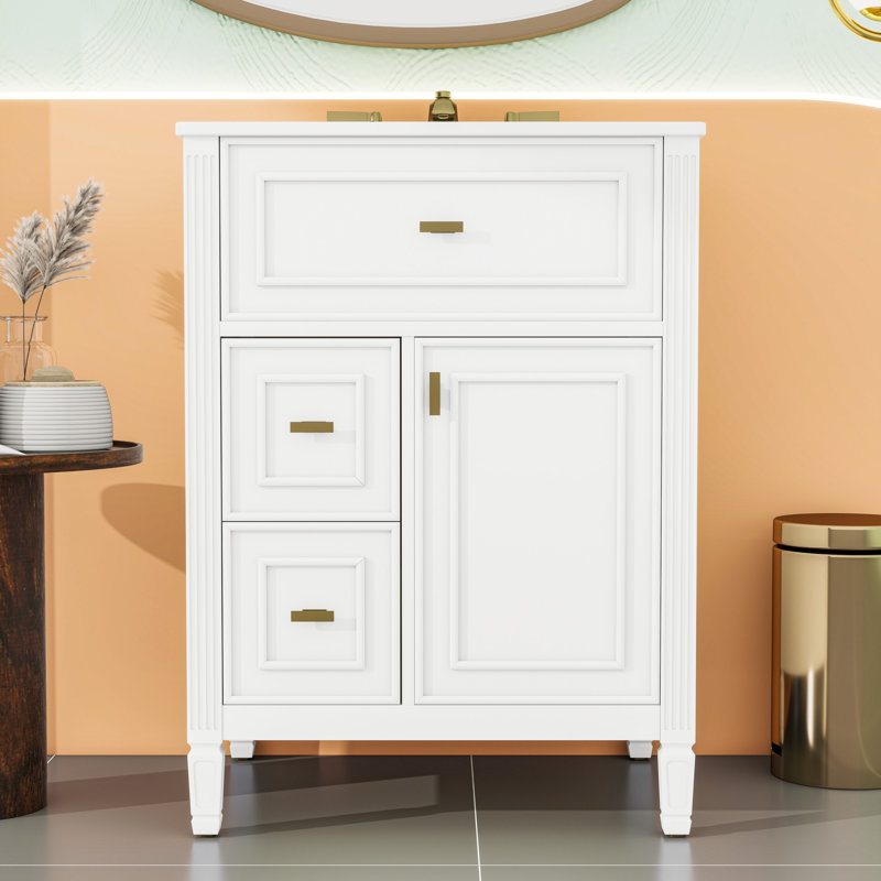 Meuble-lavabo autoportant avec lavabo en céramique, tablette réglable et armoire de rangement, Blanc