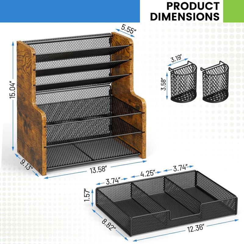 Organisateur de bureau en filet à 6 niveaux avec tiroir, organisateur de bureau en bois pour papiers