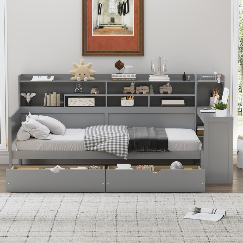Lit de jour simple en bois avec tablettes de rangement, lit multifonctionnel avec deux tiroirs de rangement et bureau d'étude, gris