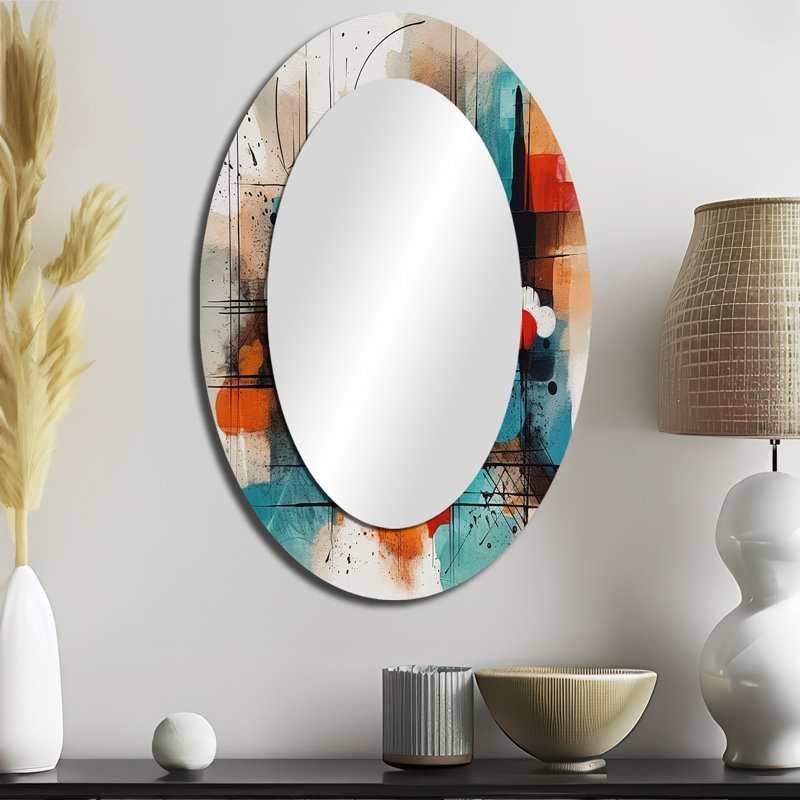 Explorations géométriques abstraites orange III - Grand miroir mural ovale sur métal, 36 po x 24 po
