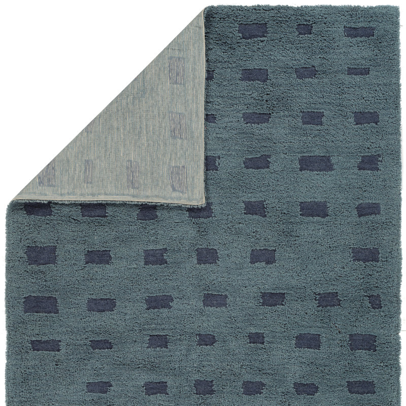 Tapis bleu tribal en laine lavable touffeté à la main Pelagia, Rectangle 7 pi 9 po x 9 pi 9 po