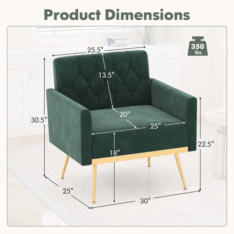 Chaise d'appoint moderne en velours avec dossier capitonné et pieds en métal doré , Velours vert foncé