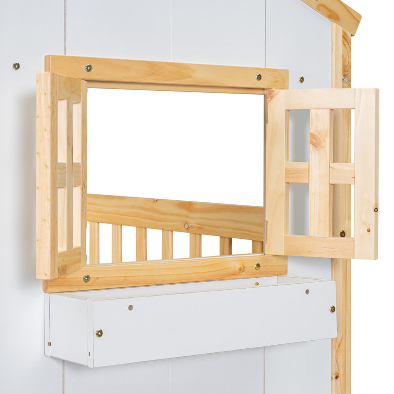 Twin over Twin Bunk Bed with Ladder and Guardrails, Pegboard and bookshelf,Natural/White , White/Natural