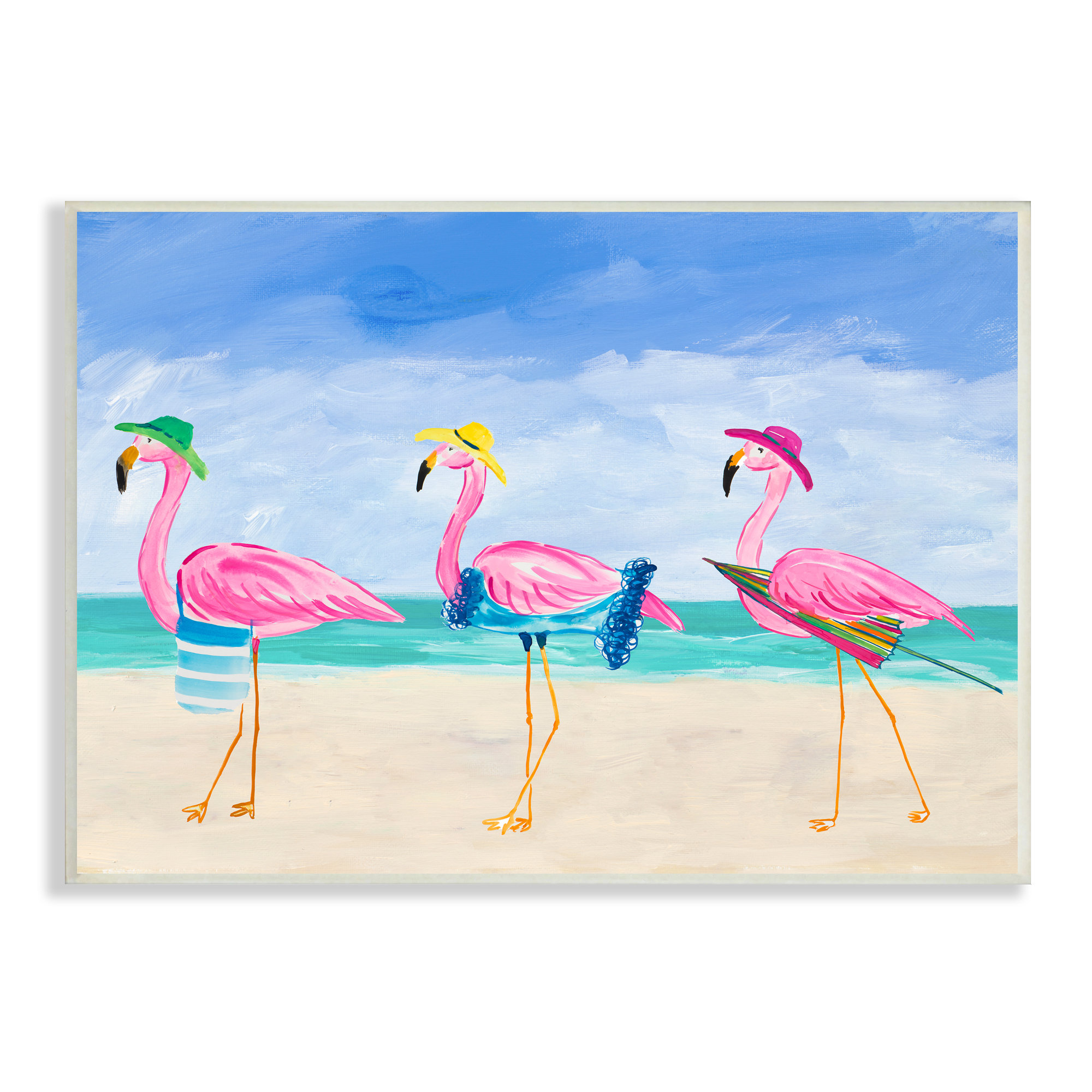 Stupell Industries Cute Pink Flamingos Beach Attire Strolling Coast Illustration , 30 x 24, Design by Julie Derice