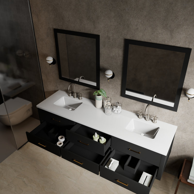 Ensemble de meuble-lavabo double 80 po, Noir, Marbre de culture blanc