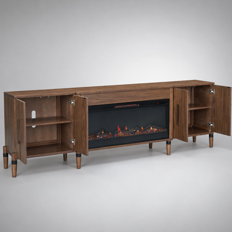 Meuble télé moderne avec foyer électrique, tiroirs de rangement et réglages de flamme ajustables pour grands téléviseurs.