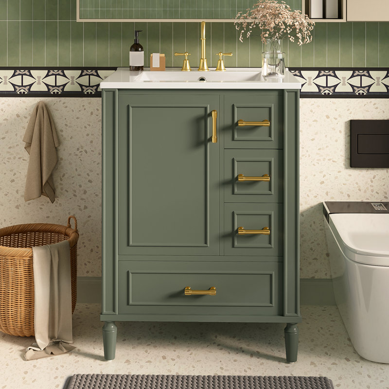 Meuble-lavabo 24 po avec lavabo en céramique, porte à fermeture douce, 3 tiroirs, poignées dorées et support de porte