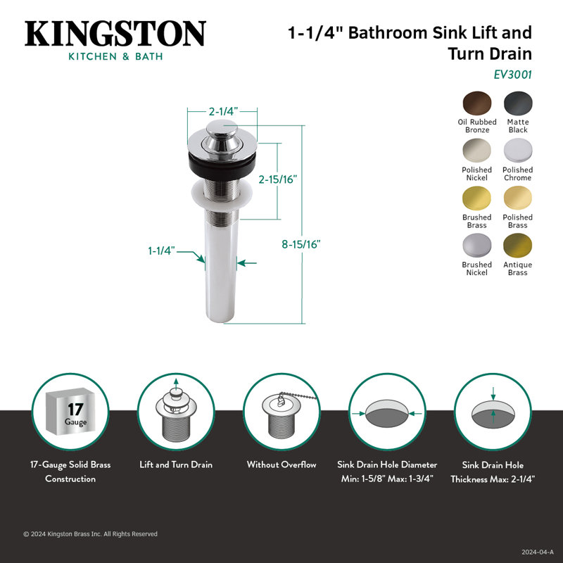 Kingston Brass Trimscape Brass Lift and Turn Bathroom Sink Drain without Overflow, 17 Gauge, Satin Brass
