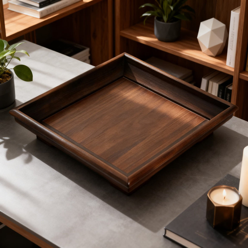 Walnut Wood And Leather Tray For Desk Organizer - For Remote Controls, Jewelry, Cosmetics And Aromatherapy Items, Square