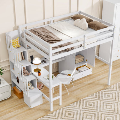 Full Size Loft Bed with Desk, Bookshelves, Wardrobe, Storage Staircase & Safety Guardrails,White