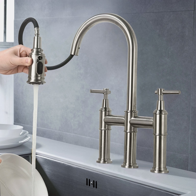 Bridge Kitchen Faucet With Pull-Down Sprayhead In Spot, Brushed Nickel