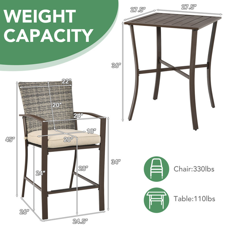 2 - Person Wicker Patio Dining Set with Square Table , Cushions Included, Brown