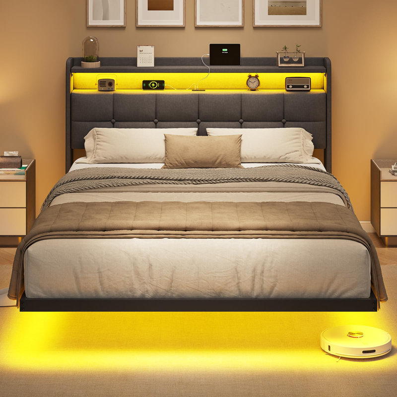 Floating Bed Frame 135×190CM /150×200CM with LED Lights & Charging Station, Metal Platform Bed frame with Upholstered Headboard, Easy Assembly,Noise Free,No Box Spring Needed,Linen