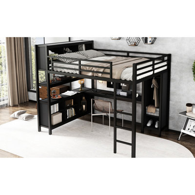 Metal Loft Bed For Teens And Adults, Queen Size, With Wardrobe, Desk, White, Space Saving, Easy Setup White Storage Heavy Duty, To Assemble