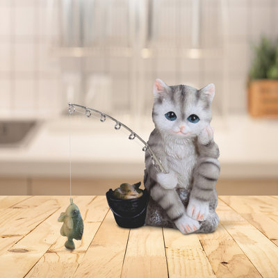 5"H Grey Tabby Fishing Figurine Unique Gifts