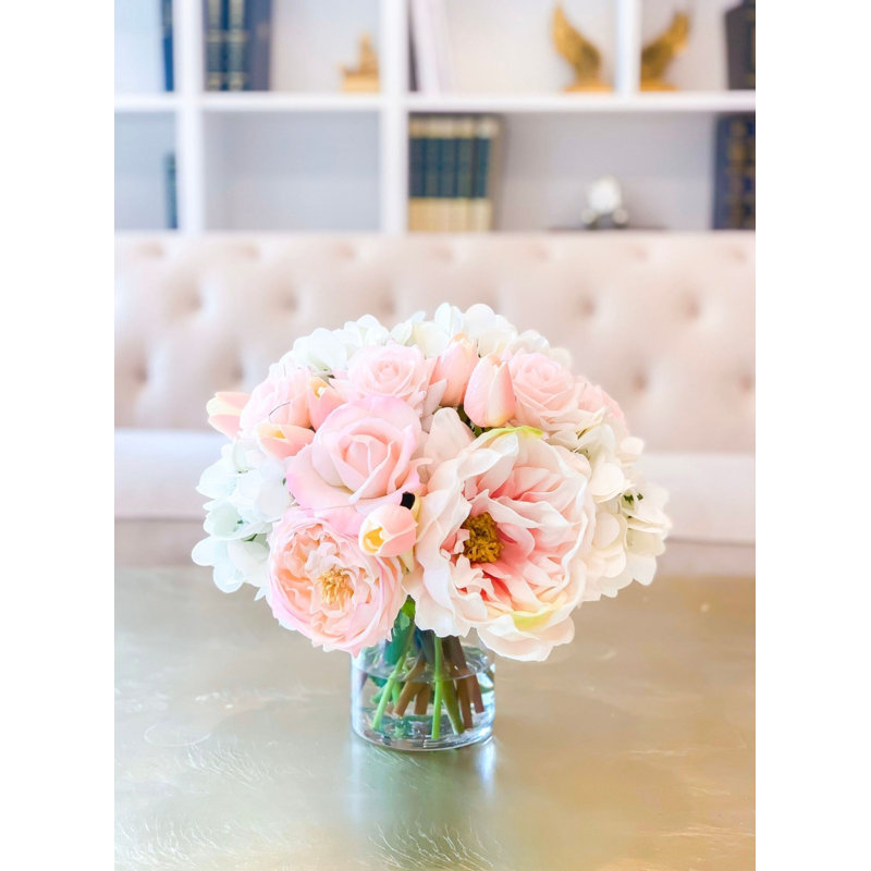 Real-Touch Pink Roses & White Hydrangeas Centerpiece