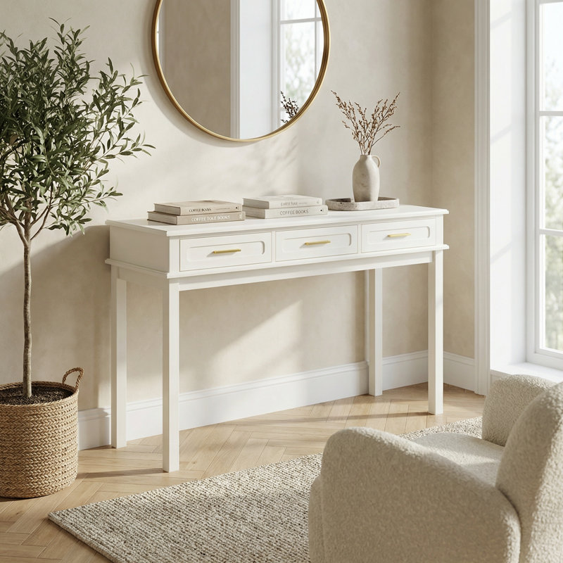 Modern Cream White Vanity Desk with Three Storage Drawers, Versatile Makeup Table or Writing Desk for Bedroom and Home Office Use, Multipurpose Dressing Table with Sleek High-Gloss Finish