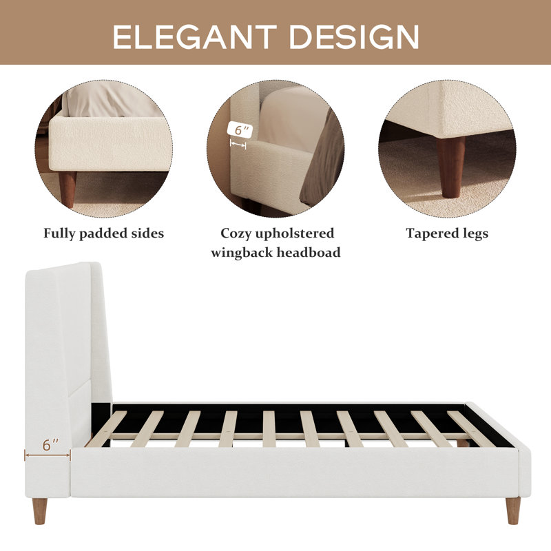 Upholstered Bed With Wingback Headboard, King, Ivory