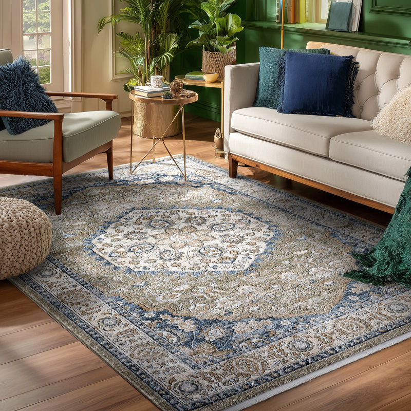 Pritchett Vintage Medallion Muted Sage Olive Tan Rug with Fringe, Rectangle 7'10" x 9'10"