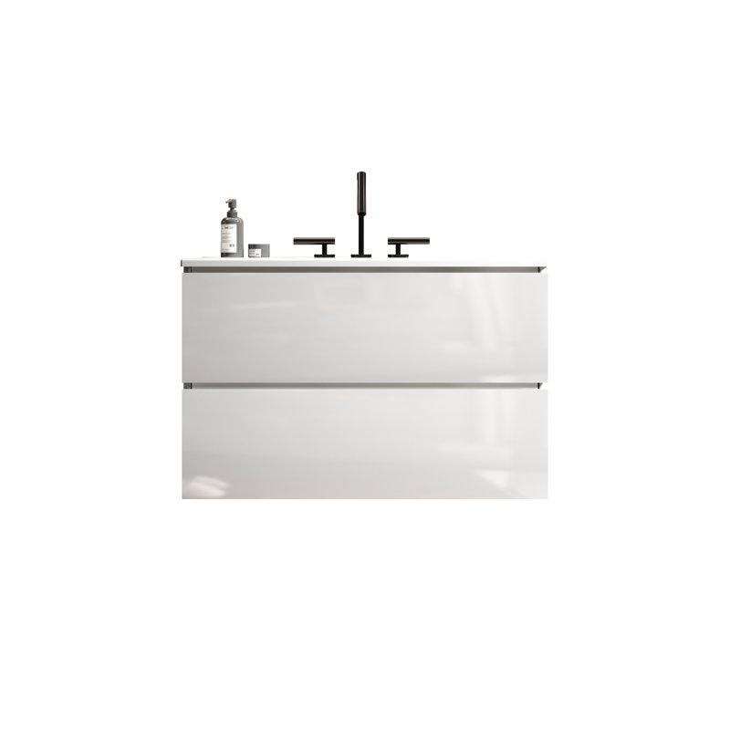 Meuble-lavabo moderne 24 po - Finition blanc brillant et tiroirs silencieux en céramique spacieuse brillante, Blanc lustré
