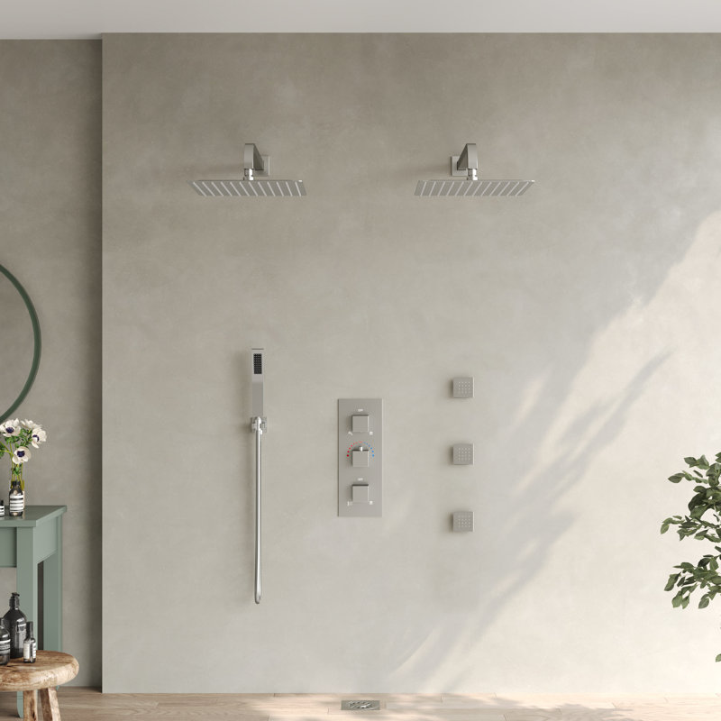 Douchette de pluie 12 po thermostatique murale avec douche à main et jets corporels, Nickel brossé