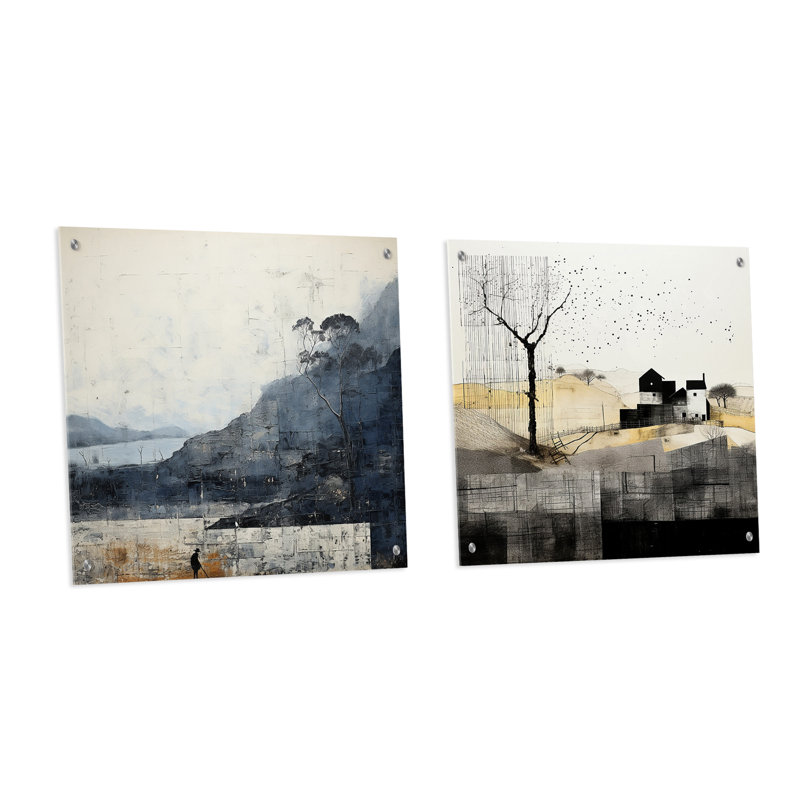 Minimalisme noir et blanc campagne - ensemble d'art mural en verre acrylique campagne 2 pièces, H 16 po x l 33 po