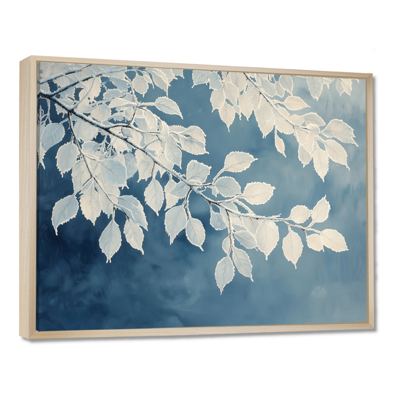 Décoration murale feuilles blanches givrées III - feuilles, H 12 po x l 20 po, Impression encadrée flottante, Noir
