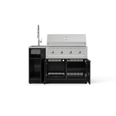 Ensemble d'armoires d'extérieur en aluminium noir 3 pièces avec évier, armoire de barbecue, barbecue au gaz naturel performant de 40 po et robinet chromé