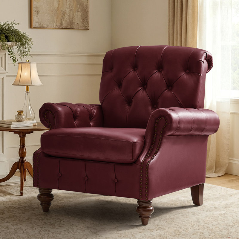 Alesha 36.5"W Traditional Cowhide Genuine Leather Accent Chair with Tufted Back, Burgundy Genuine Leather